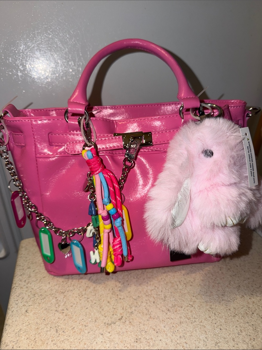 Hot Pink Kids Tote with Plush Bunny Charm